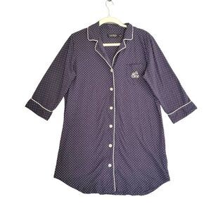 Lauren Ralph Lauren Women's Navy Blue Polka Dot Embroidered Pocket Pajama Top M